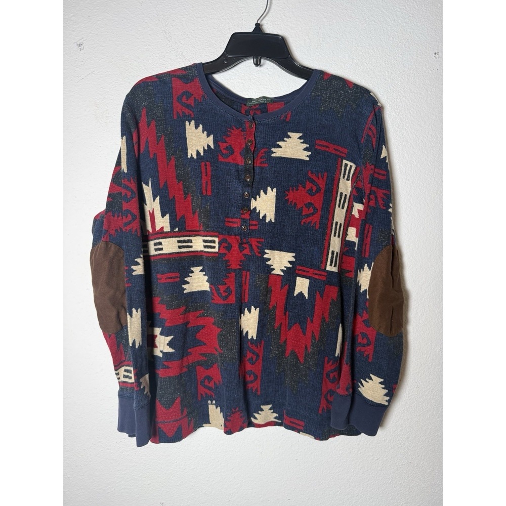LRL Ralph‎ Lauren Jeans Co Red Blue Aztec Southwestern Elbow Patch Henley Women